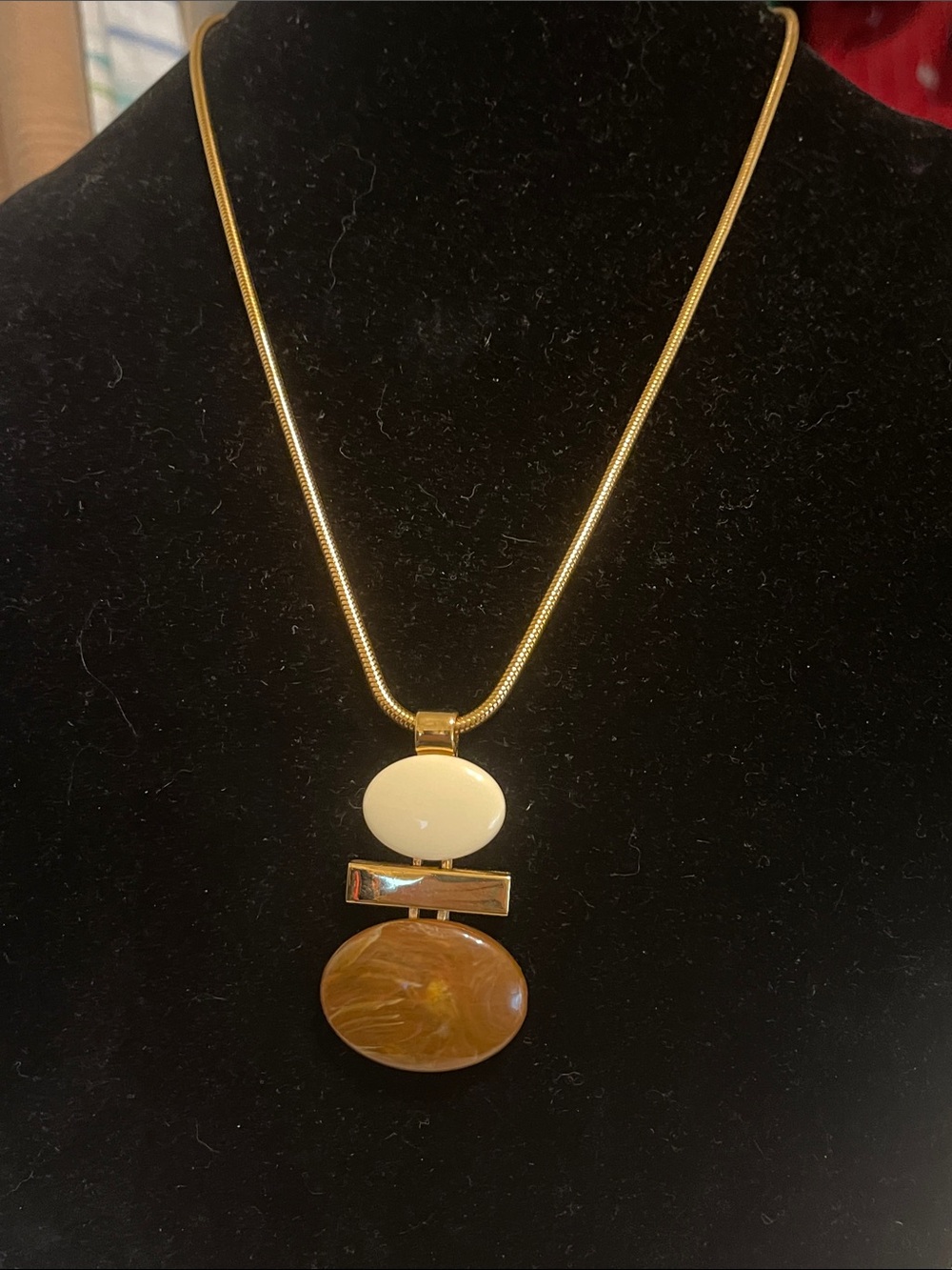 Avon Gold Tone Necklace with Cream and Brown Stones